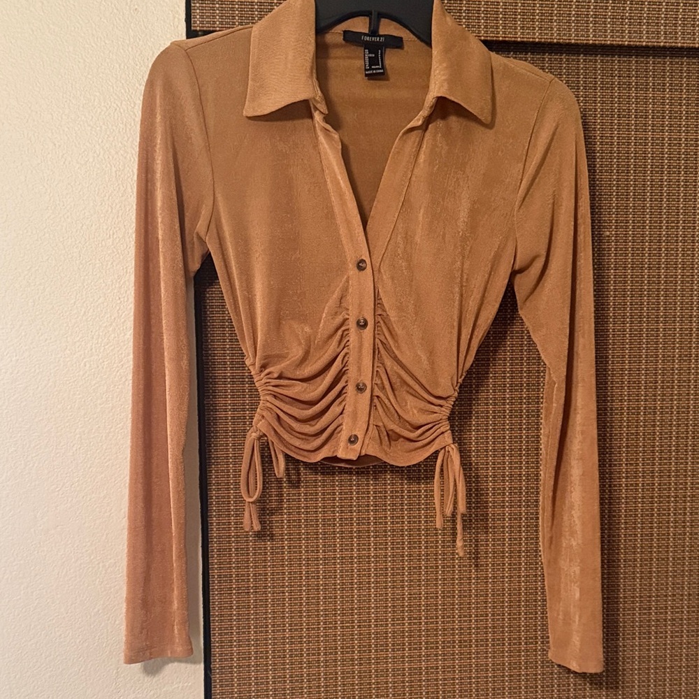 Forever 21 Gold/tan Long Sleeve Ruched Top